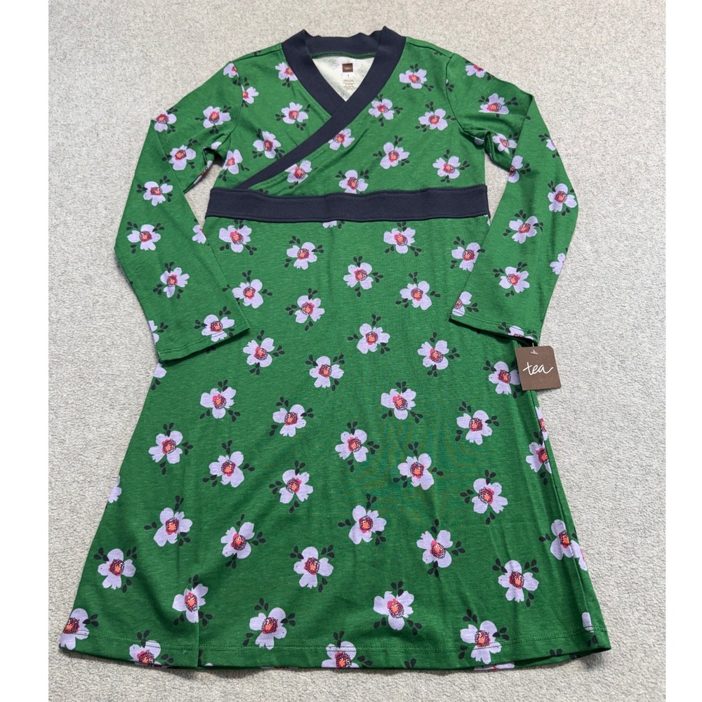 NWT Tea Collection Girls 7 Green Floral Cotton Long Sleeve Dress Wrap Style